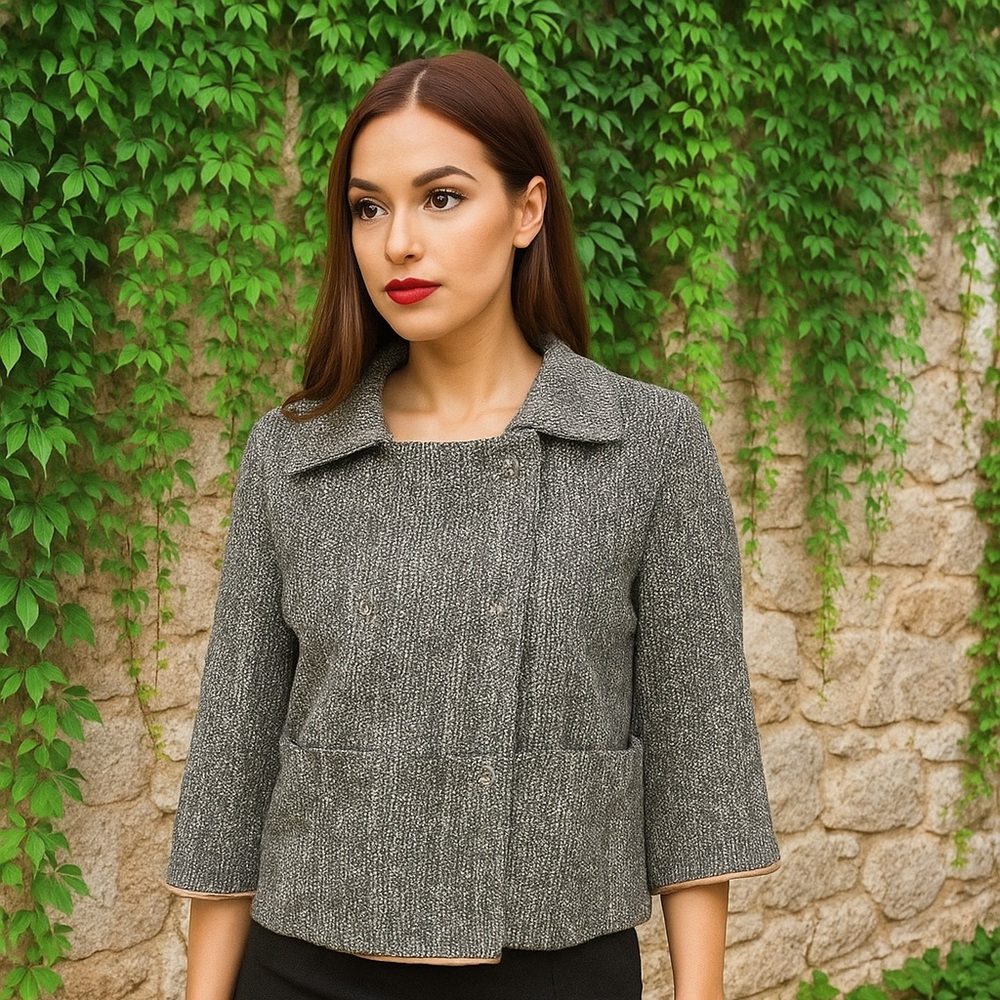 MAXMARA Brown and Gray Old Money Quiet Luxury Tweed Cropped Blazer, 10